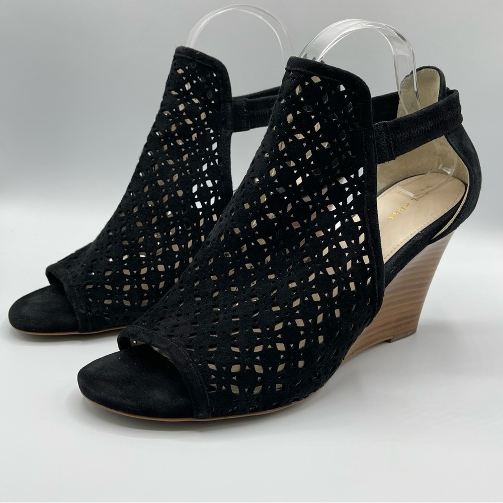 Cole Haan Edie Wedge Black Suede Perforated Open Toe Bootie Size 10.5B